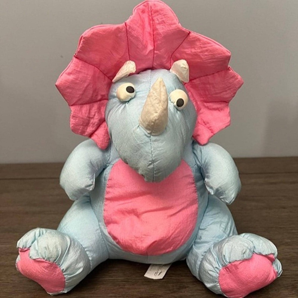 Vintage Chosun International Triceratops Plush Pink Blue Nylon Dinosaur 90s Toy